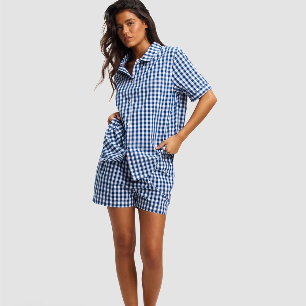Cozy Earth Sutton Short Sleeve Top & Pants Set Pajama Blue White Gingham Large